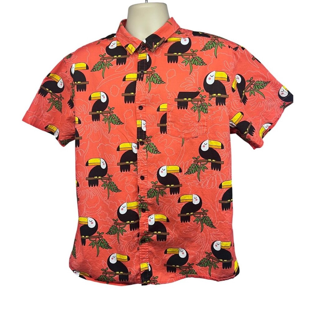Mens Hawaiian Floral Tropical Button Up Shirt XL Pocket Stretch Pink Toucan Bird